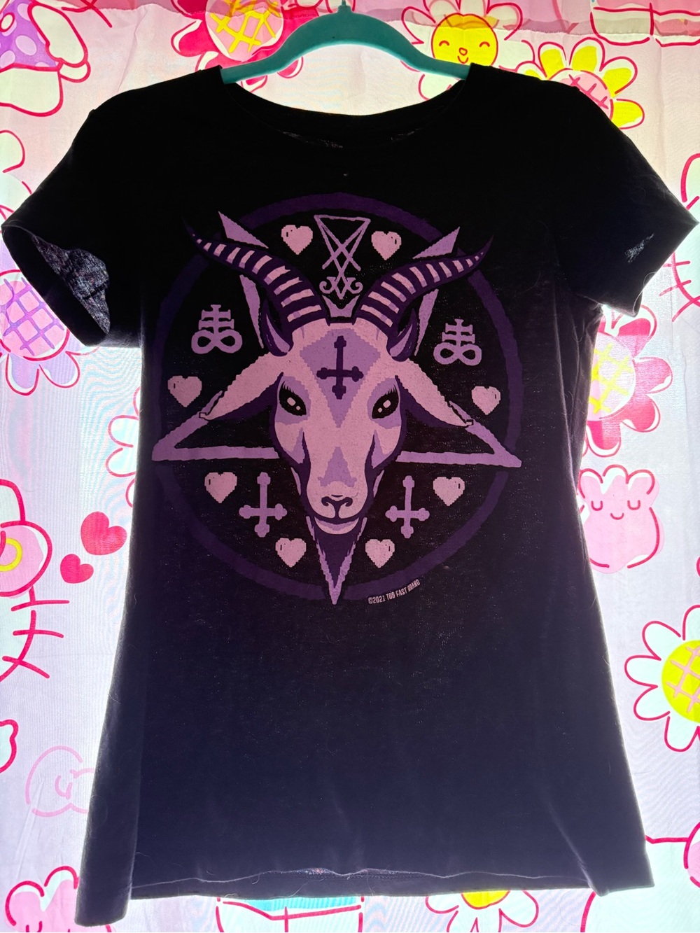 Too Fast Black Tee with Purple Goat Pentagram Graphic